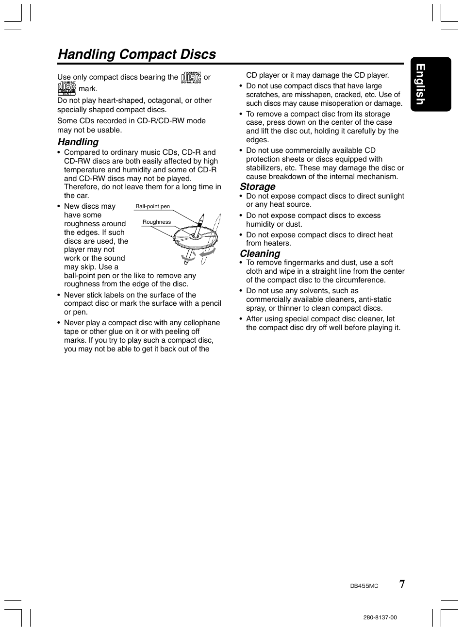 Handling compact discs, 7english, Handling | Storage, Cleaning | Clarion DB455MC User Manual | Page 6 / 24