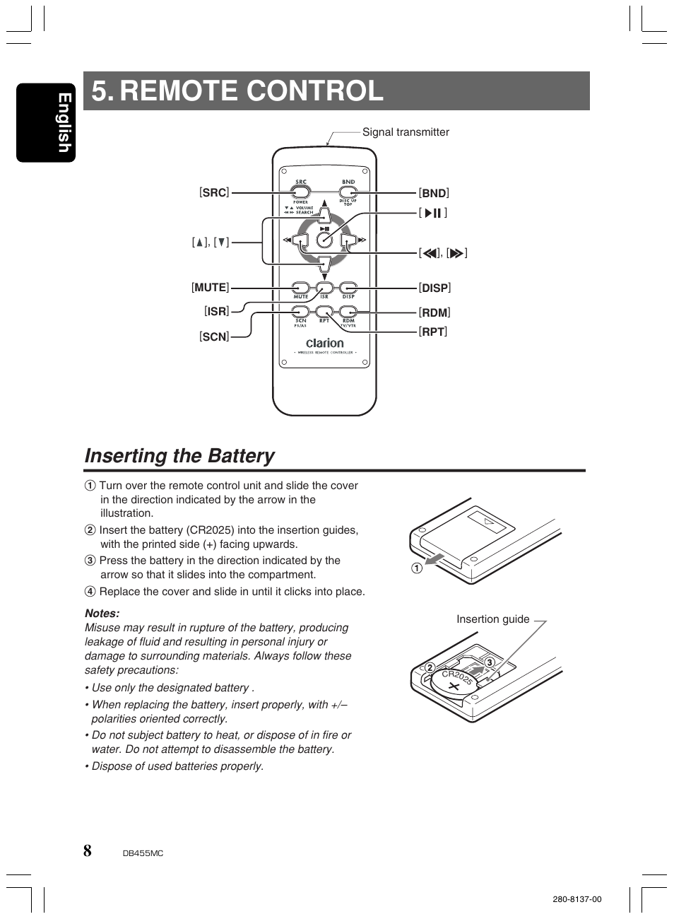Remote control, Inserting the battery, English | Clarion DB455MC User Manual | Page 7 / 24