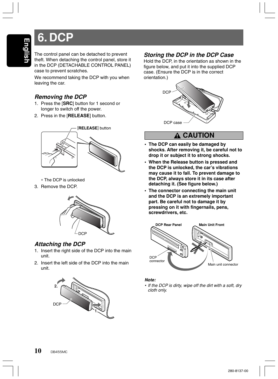 English, Caution, Removing the dcp | Attaching the dcp, Storing the dcp in the dcp case | Clarion DB455MC User Manual | Page 9 / 24