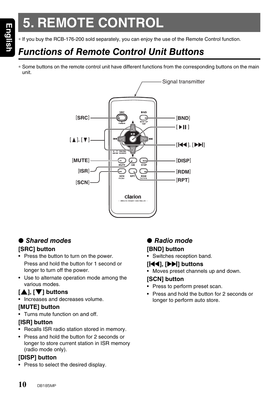 Remote control, Functions of remote control unit buttons, English 10 | Clarion DB185MP User Manual | Page 10 / 27