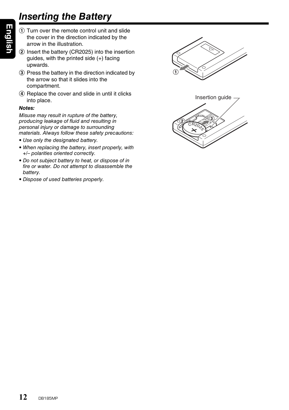 Inserting the battery, English 12 | Clarion DB185MP User Manual | Page 12 / 27