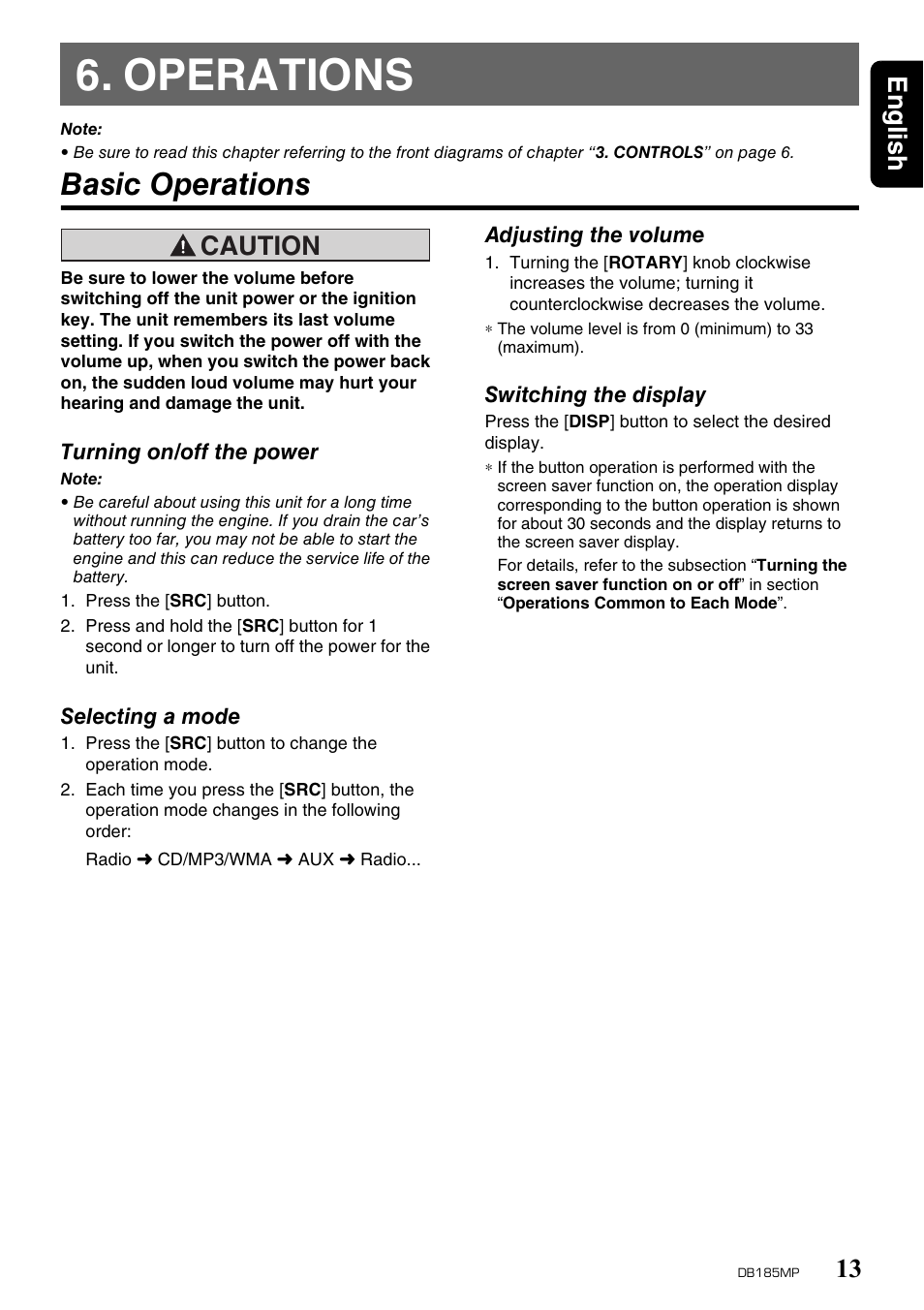 Operations, Basic operations, English 13 | Caution | Clarion DB185MP User Manual | Page 13 / 27