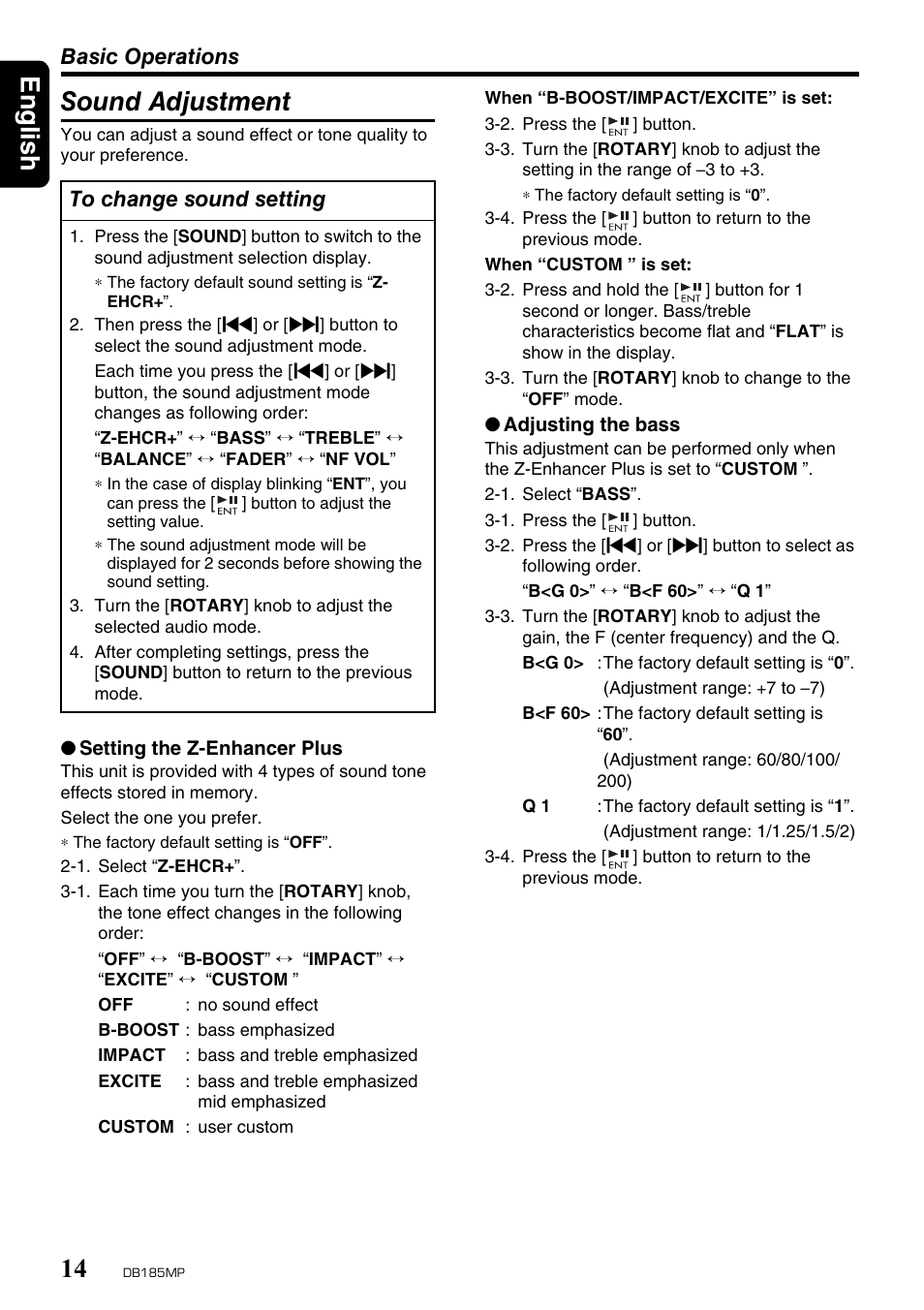 English 14, Sound adjustment, Basic operations | Clarion DB185MP User Manual | Page 14 / 27