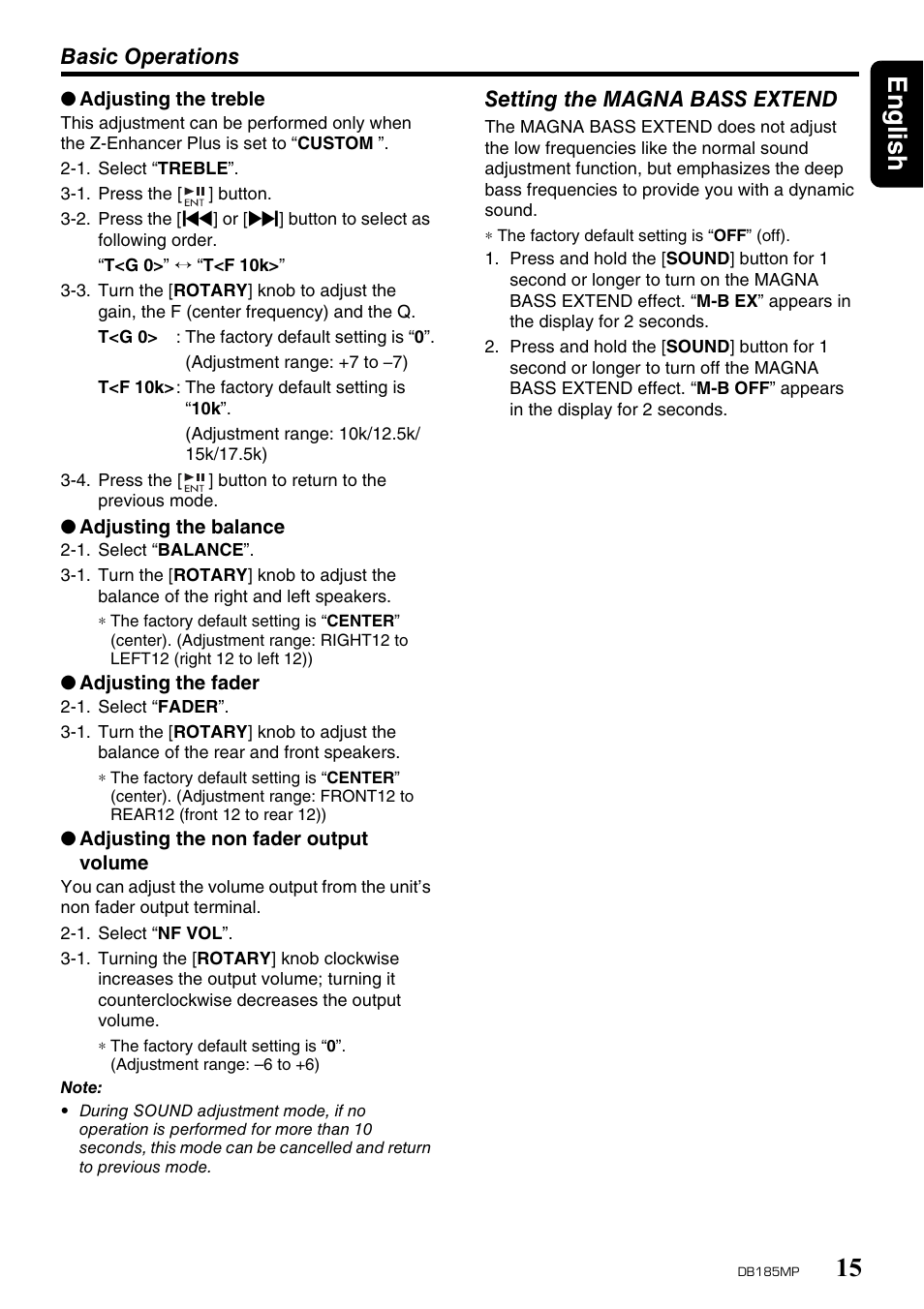 English 15, Basic operations, Setting the magna bass extend | Clarion DB185MP User Manual | Page 15 / 27