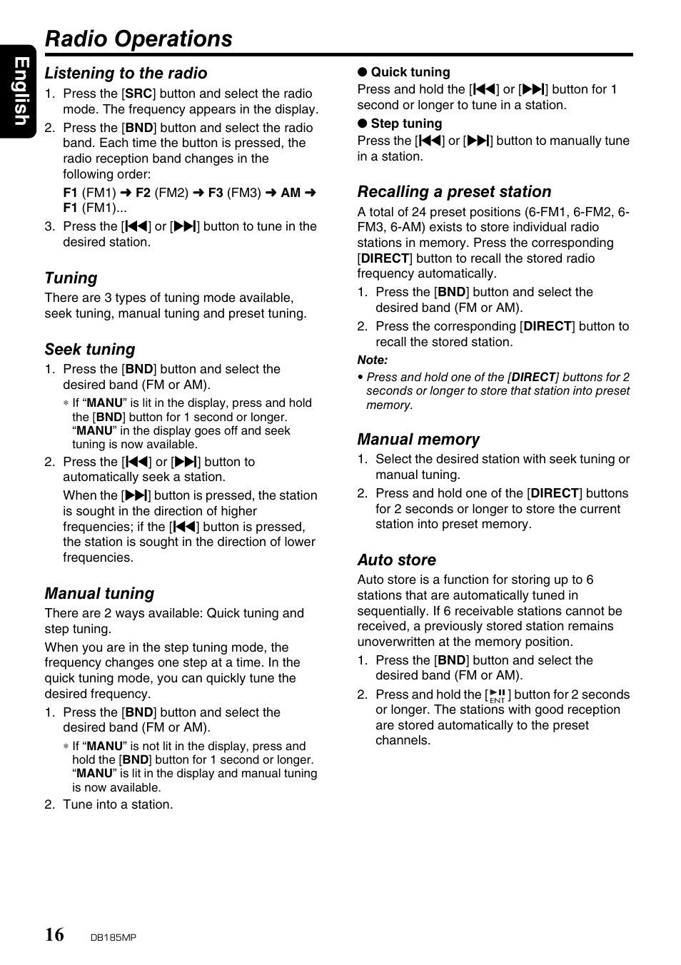 Radio operations, English 16 | Clarion DB185MP User Manual | Page 16 / 27