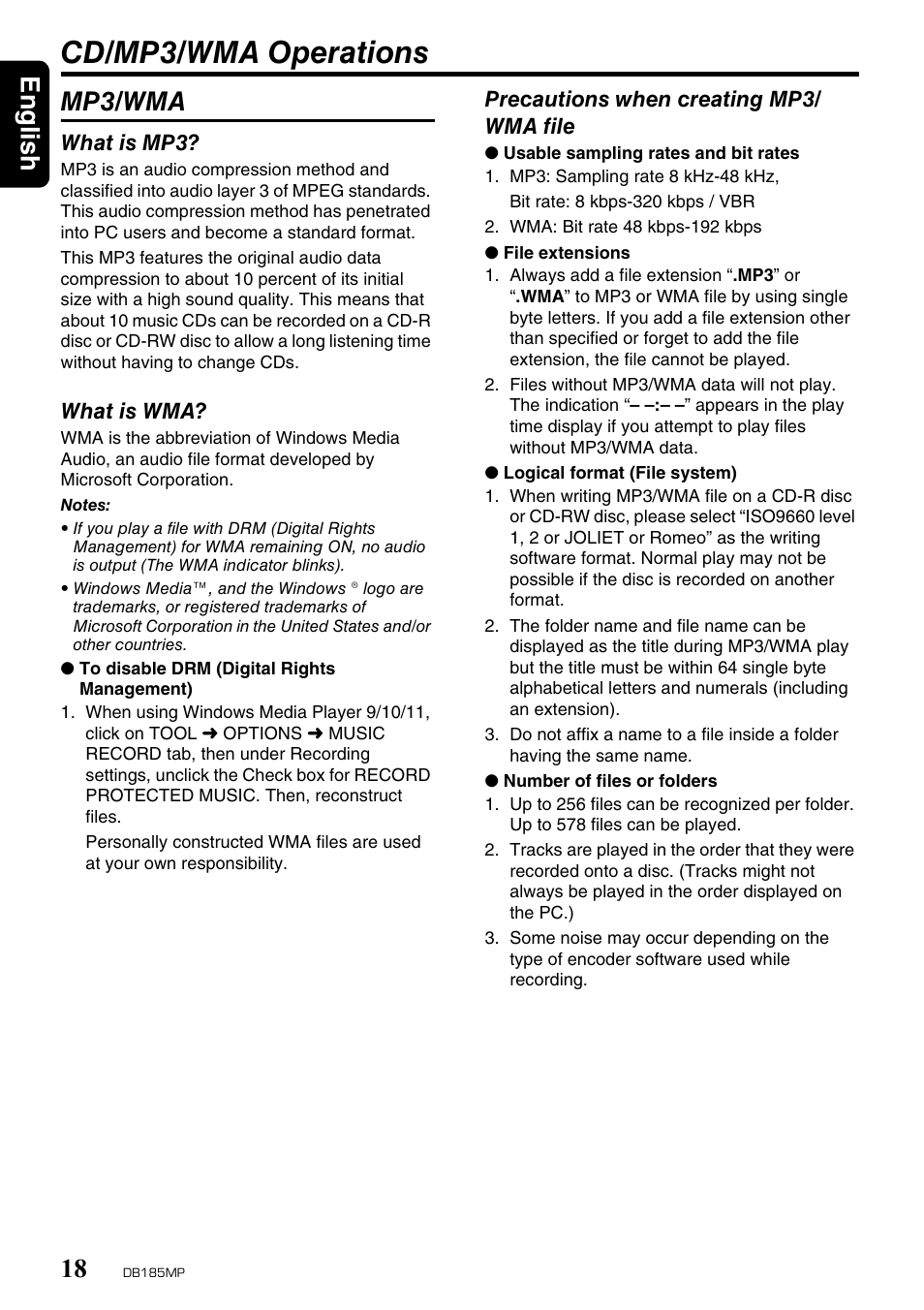 Cd/mp3/wma operations, English 18, Mp3/wma | Clarion DB185MP User Manual | Page 18 / 27