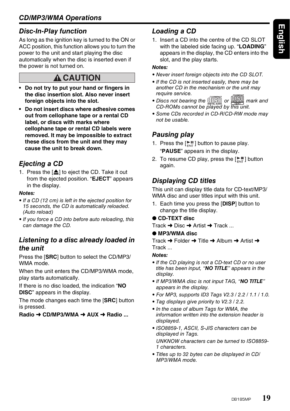 English 19, Caution | Clarion DB185MP User Manual | Page 19 / 27