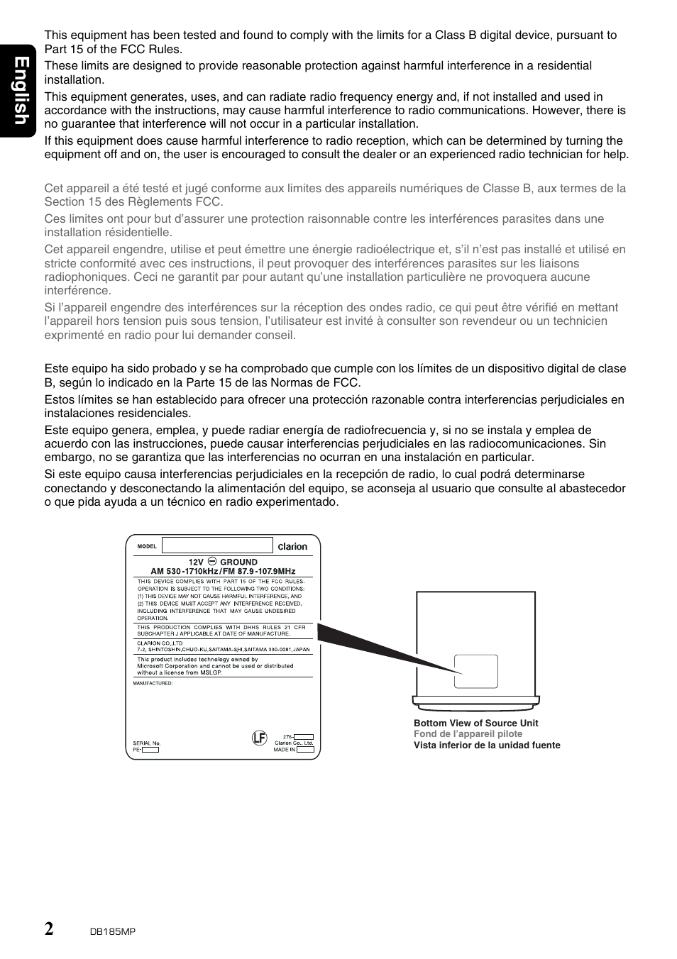 English 2 | Clarion DB185MP User Manual | Page 2 / 27