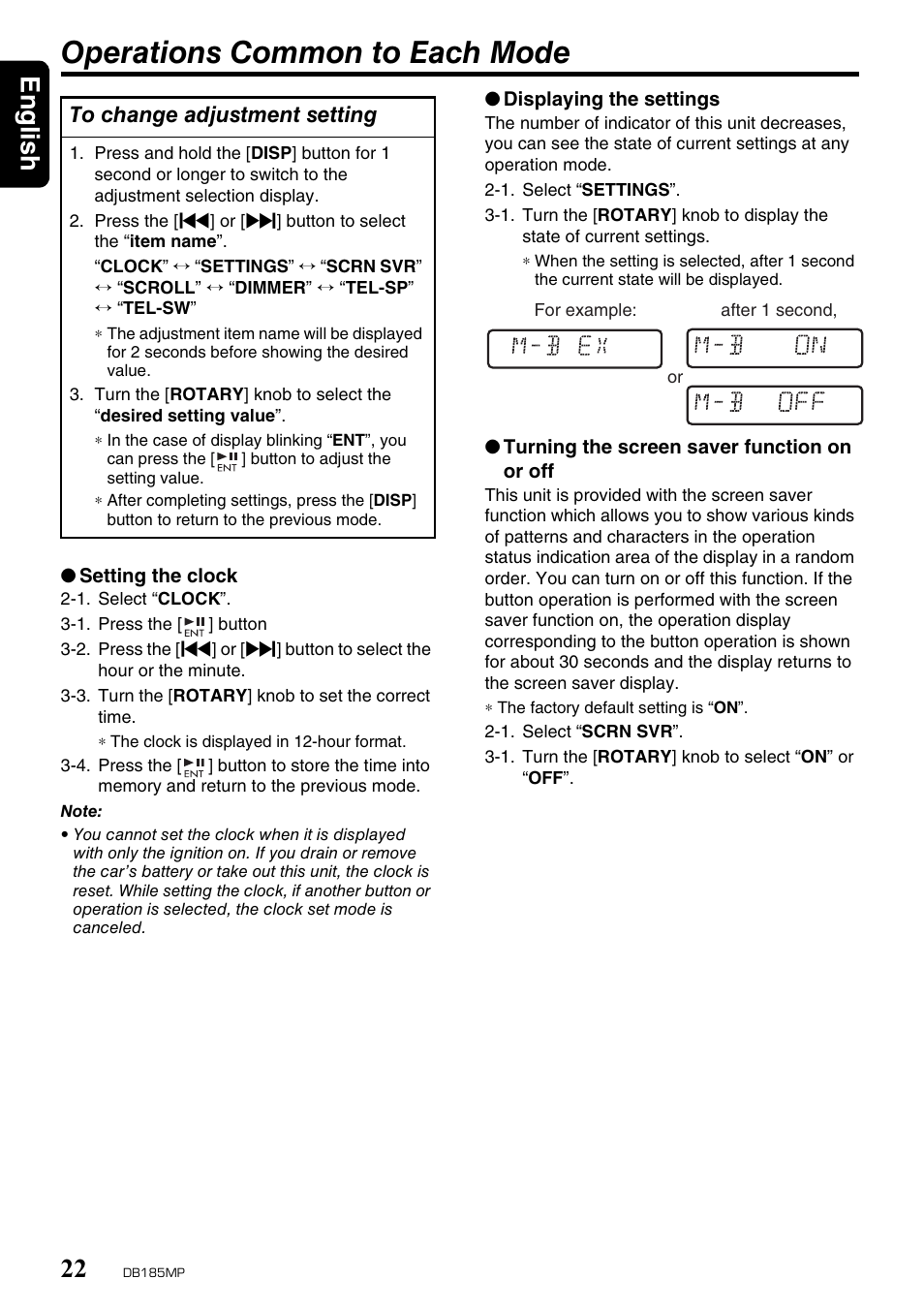 Operations common to each mode, English 22 | Clarion DB185MP User Manual | Page 22 / 27