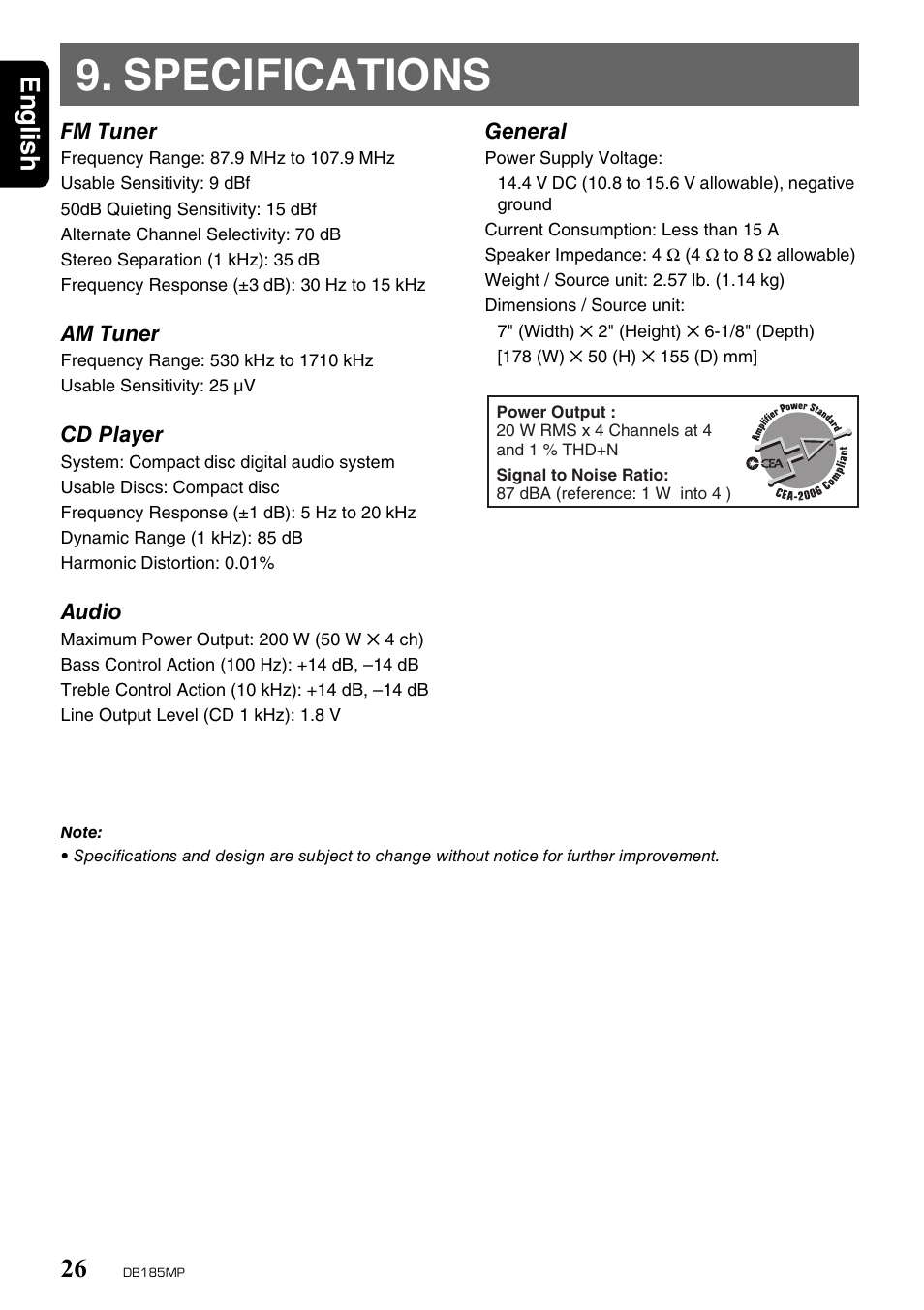 Specifications, English 26 | Clarion DB185MP User Manual | Page 26 / 27