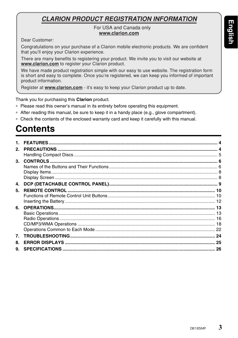 Clarion DB185MP User Manual | Page 3 / 27