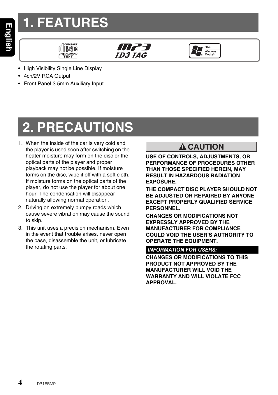 Features, Precautions, English 4 | Caution | Clarion DB185MP User Manual | Page 4 / 27