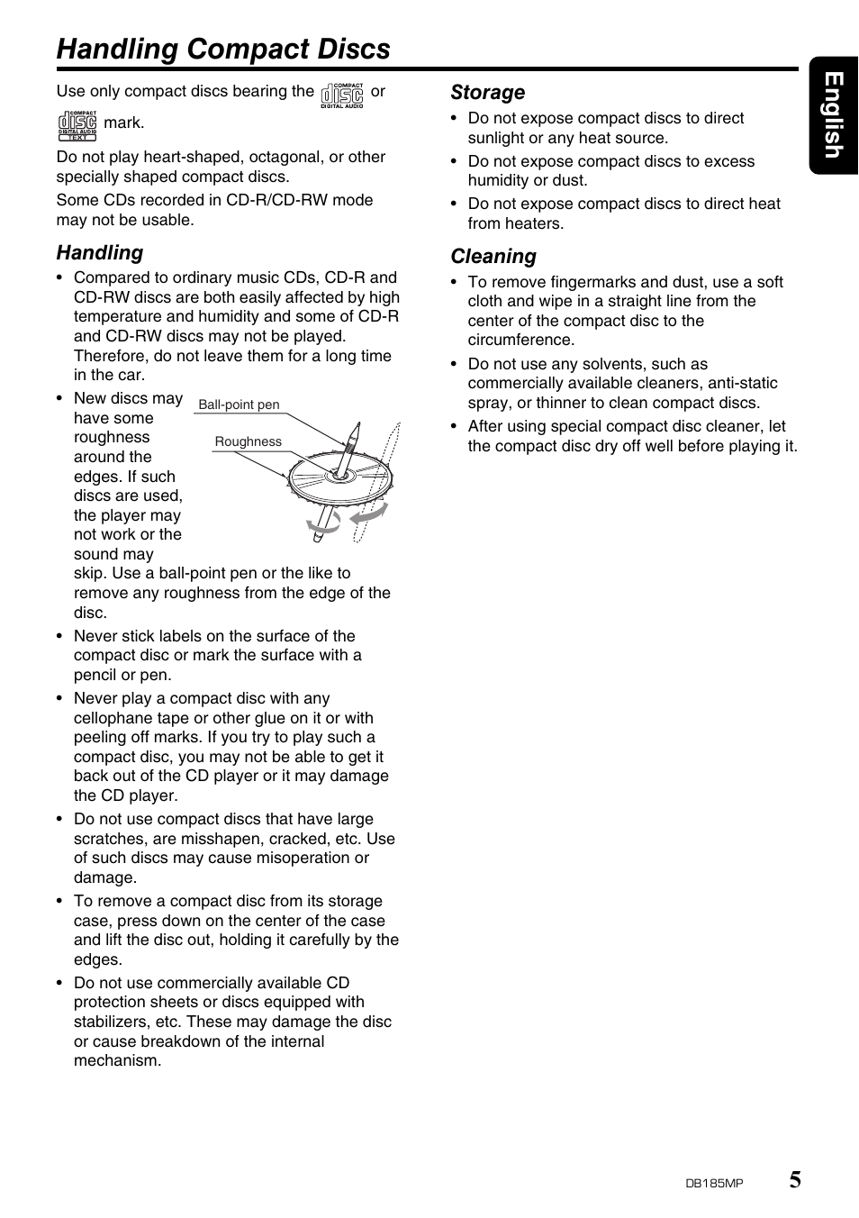 Handling compact discs, English 5 | Clarion DB185MP User Manual | Page 5 / 27