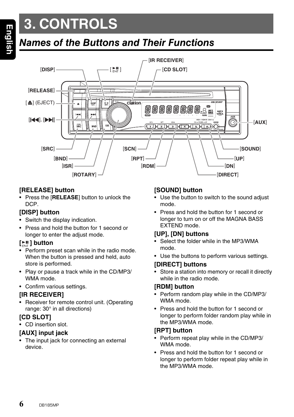 Controls, Names of the buttons and their functions, English 6 | Clarion DB185MP User Manual | Page 6 / 27