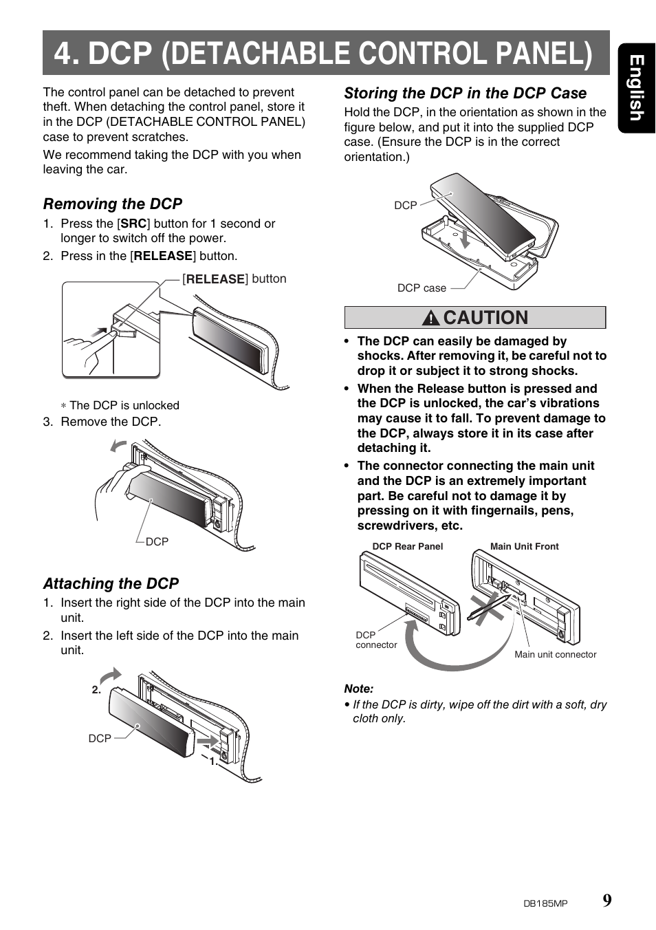 Dcp (detachable control panel), English 9, Caution | Clarion DB185MP User Manual | Page 9 / 27