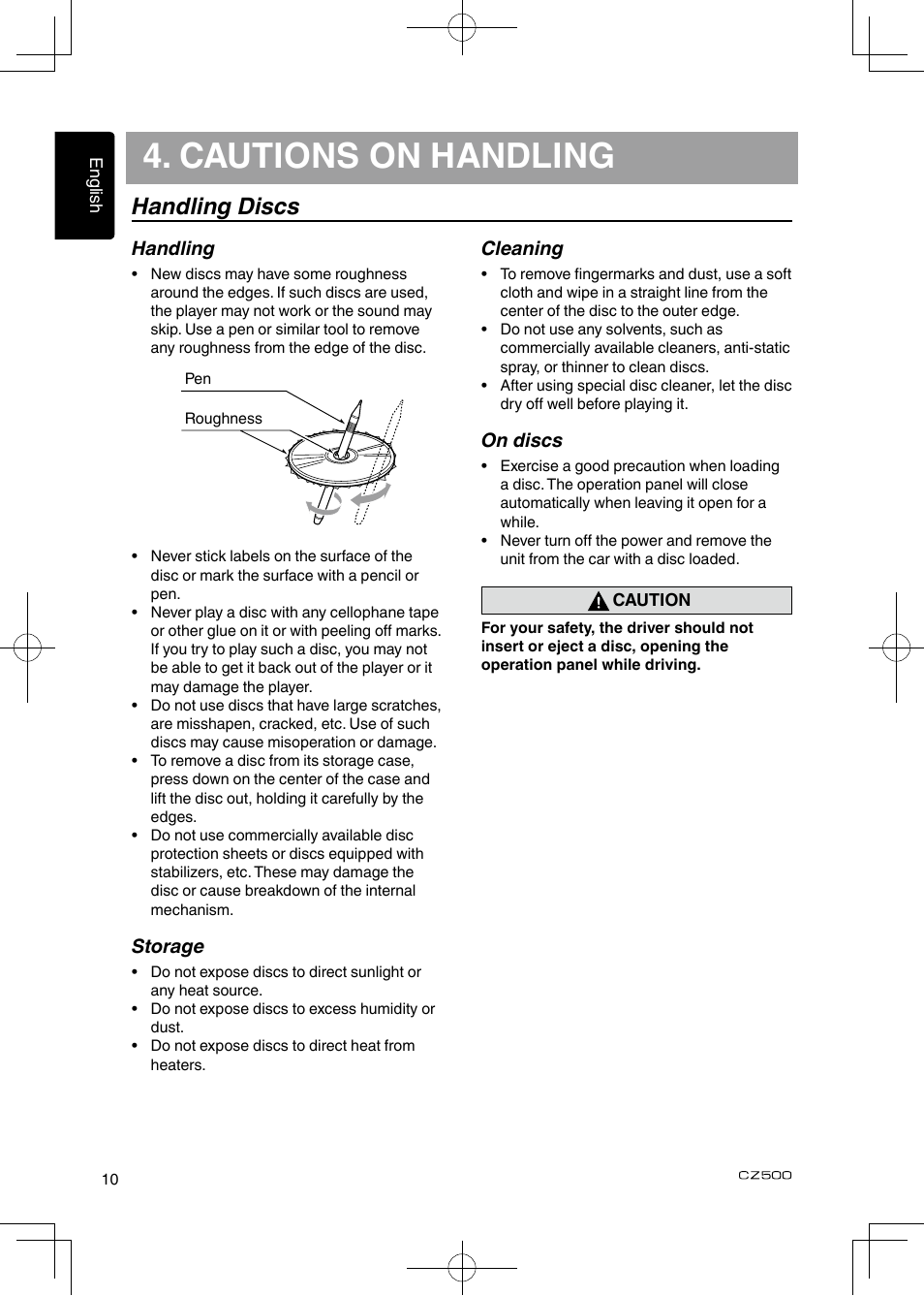 Cautions on handling, Handling discs | Clarion CZ500 User Manual | Page 10 / 31