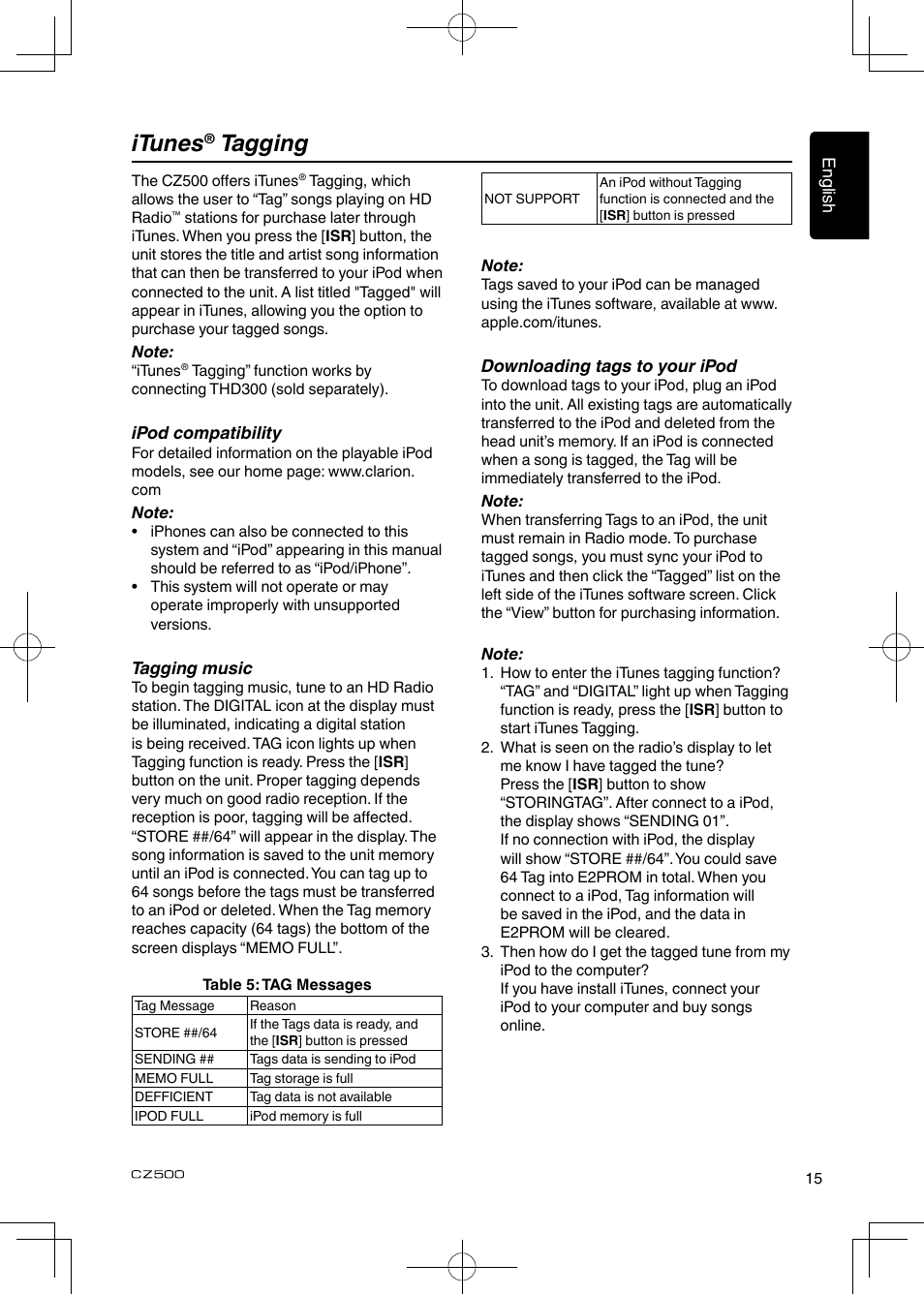 Itunes, Tagging | Clarion CZ500 User Manual | Page 15 / 31