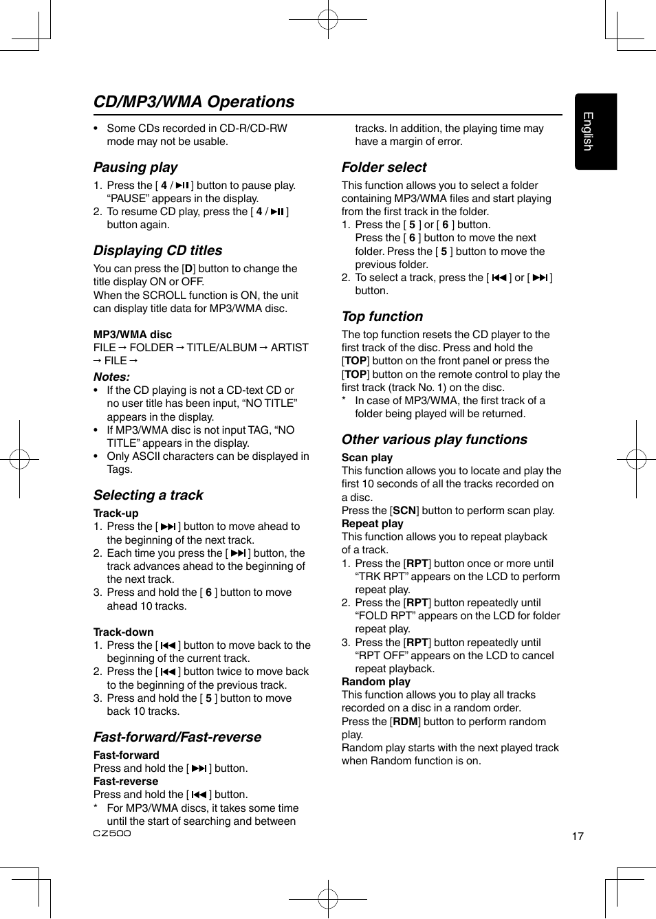 Cd/mp3/wma operations, Pausing play, Displaying cd titles | Selecting a track, Fast-forward/fast-reverse, Folder select, Top function, Other various play functions | Clarion CZ500 User Manual | Page 17 / 31