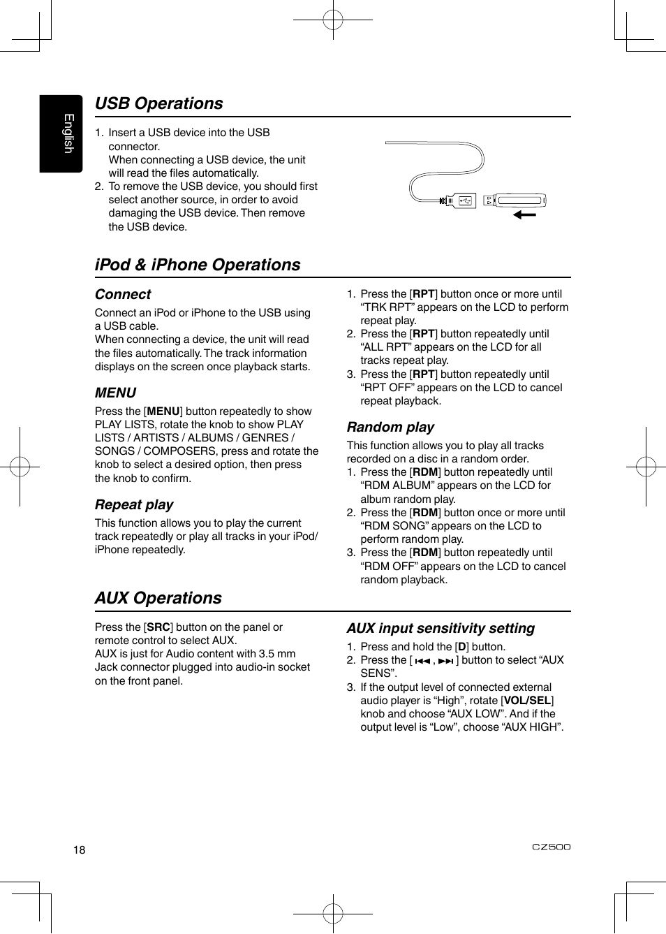 Aux operations, Usb operations, Ipod & iphone operations | Clarion CZ500 User Manual | Page 18 / 31