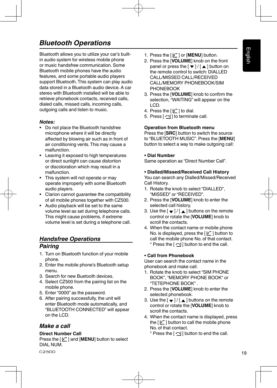 Bluetooth operations, Handsfree operations pairing, Make a call | Clarion CZ500 User Manual | Page 19 / 31