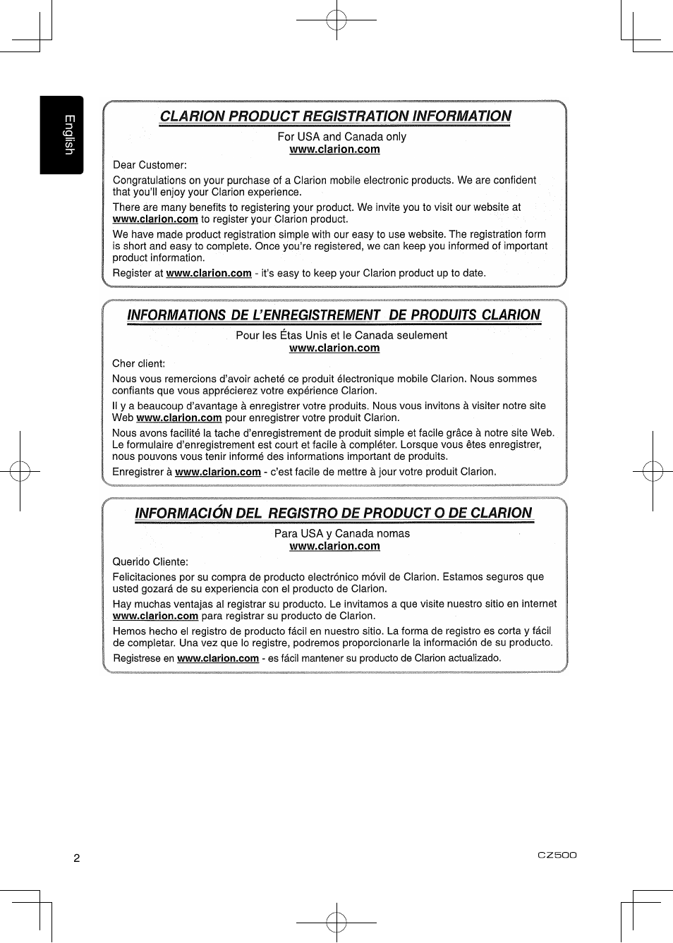 Clarion CZ500 User Manual | Page 2 / 31