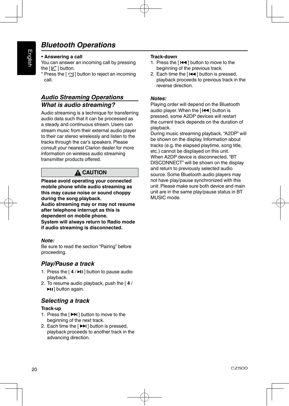 Bluetooth operations | Clarion CZ500 User Manual | Page 20 / 31