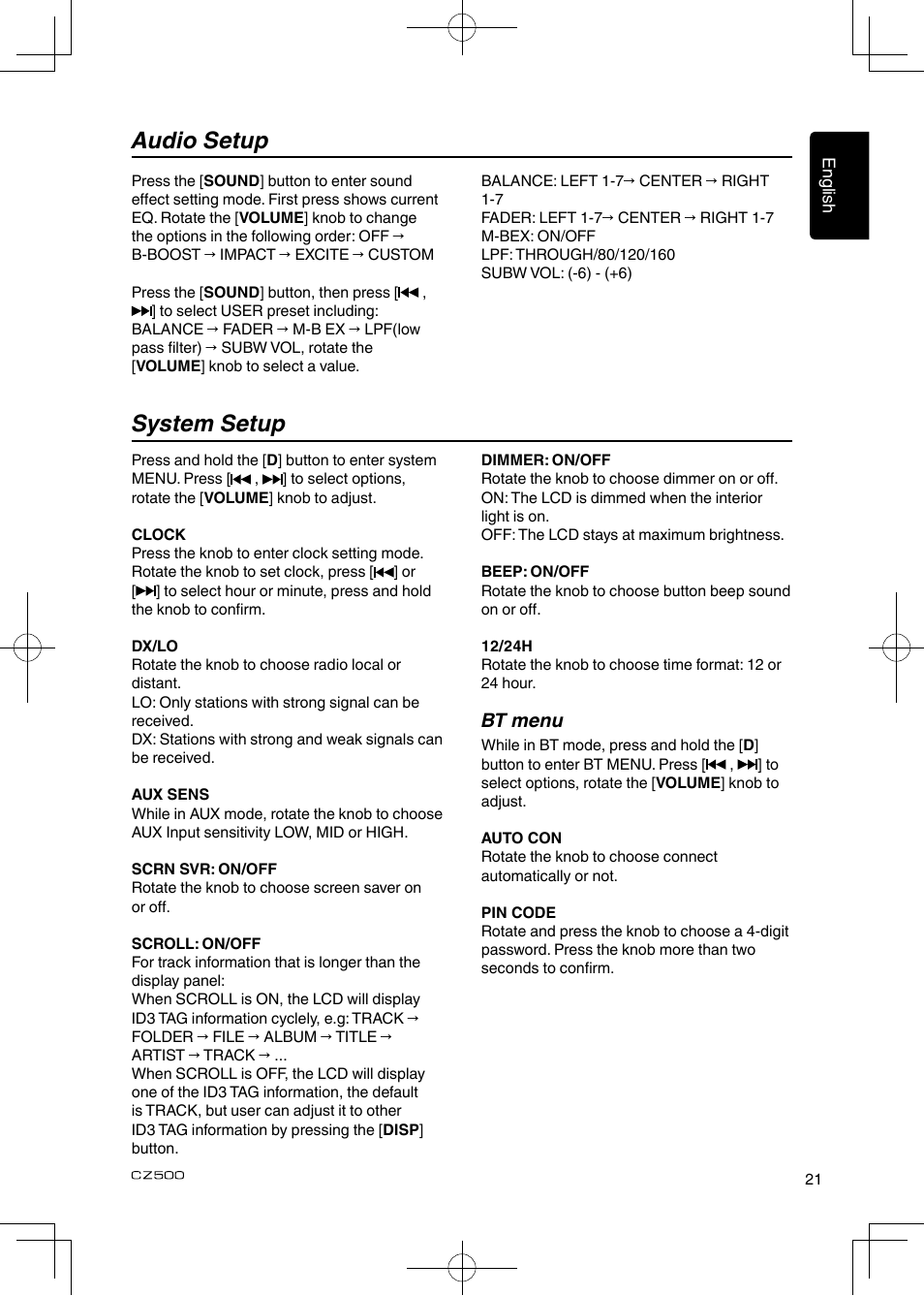 Audio setup system setup, Bt menu | Clarion CZ500 User Manual | Page 21 / 31