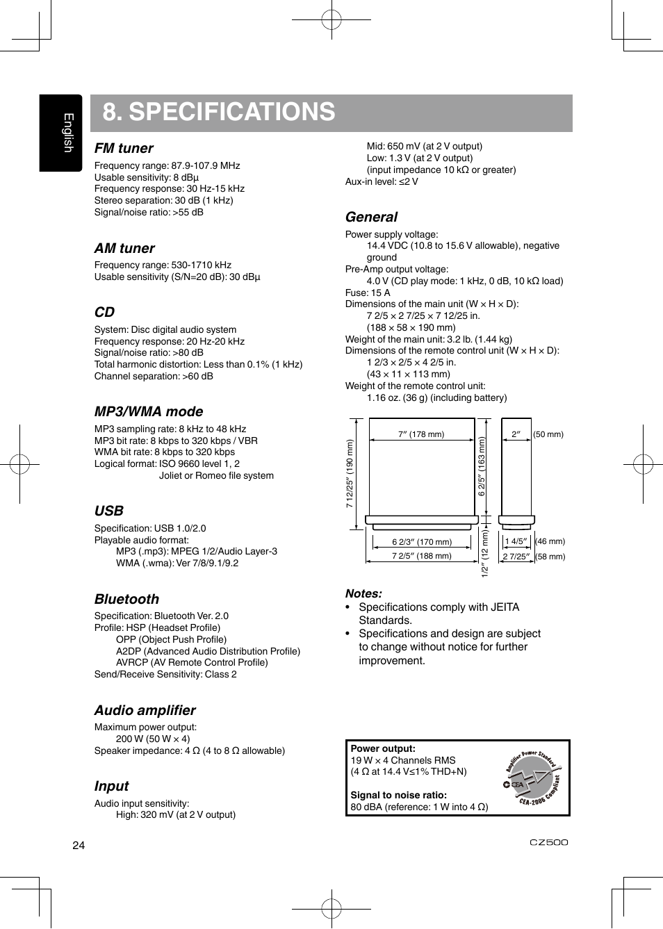 Specifications, Fm tuner, Am tuner | Mp3/wma mode, Bluetooth, Audio amplifier, Input, General | Clarion CZ500 User Manual | Page 24 / 31