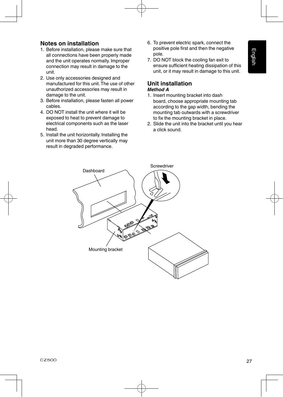 Unit installation | Clarion CZ500 User Manual | Page 27 / 31