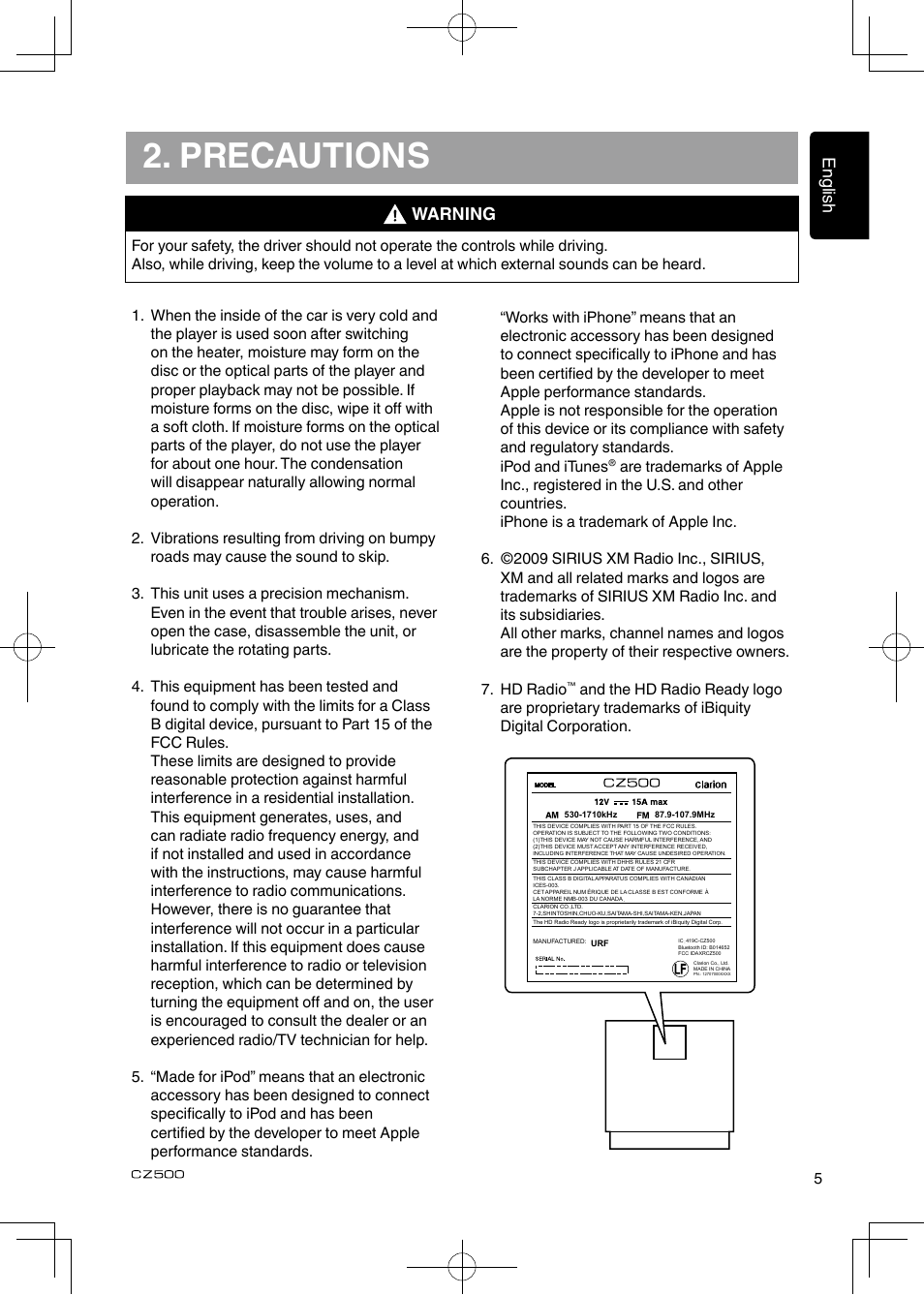 Precautions, Warning | Clarion CZ500 User Manual | Page 5 / 31