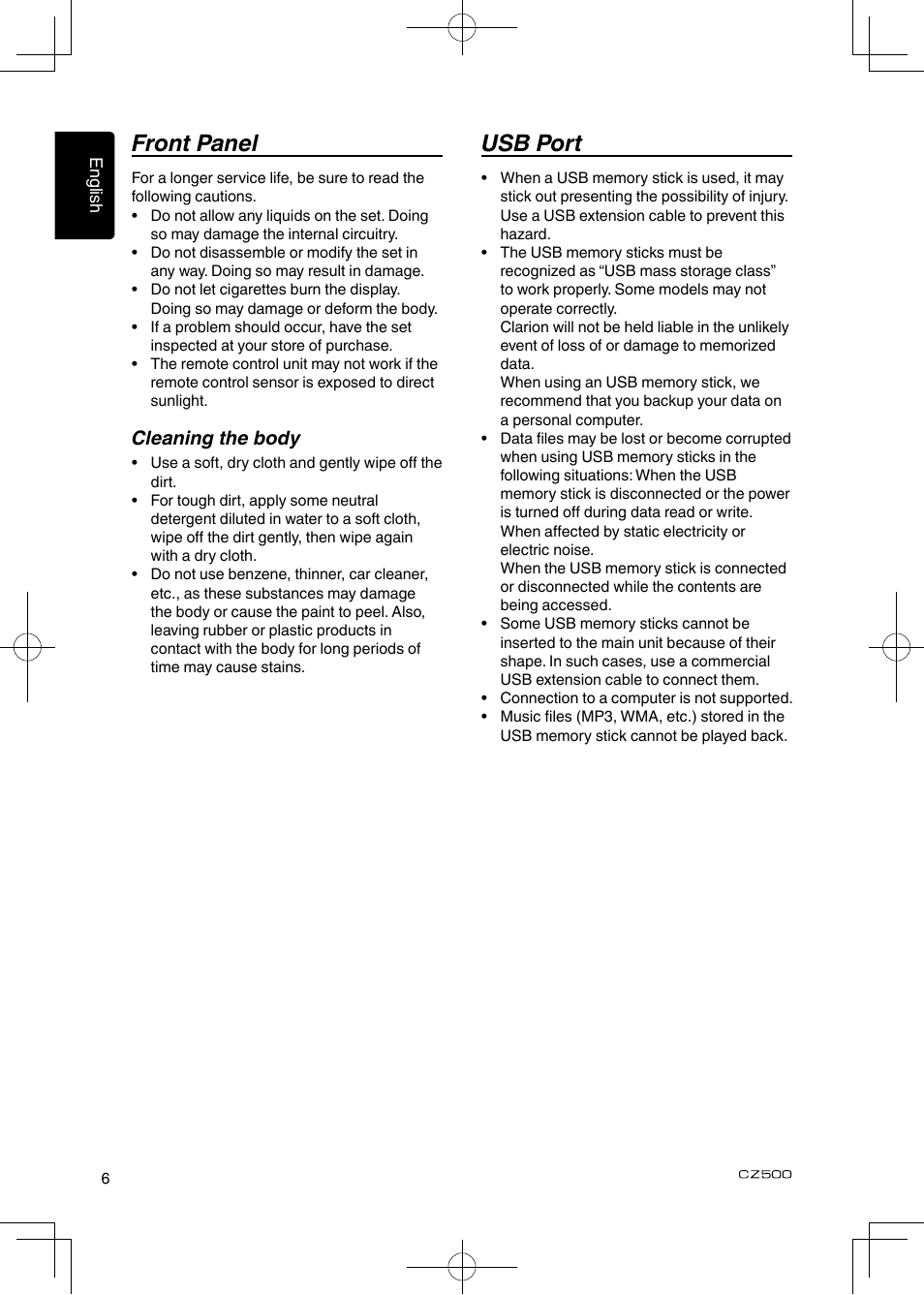 Front panel, Usb port | Clarion CZ500 User Manual | Page 6 / 31
