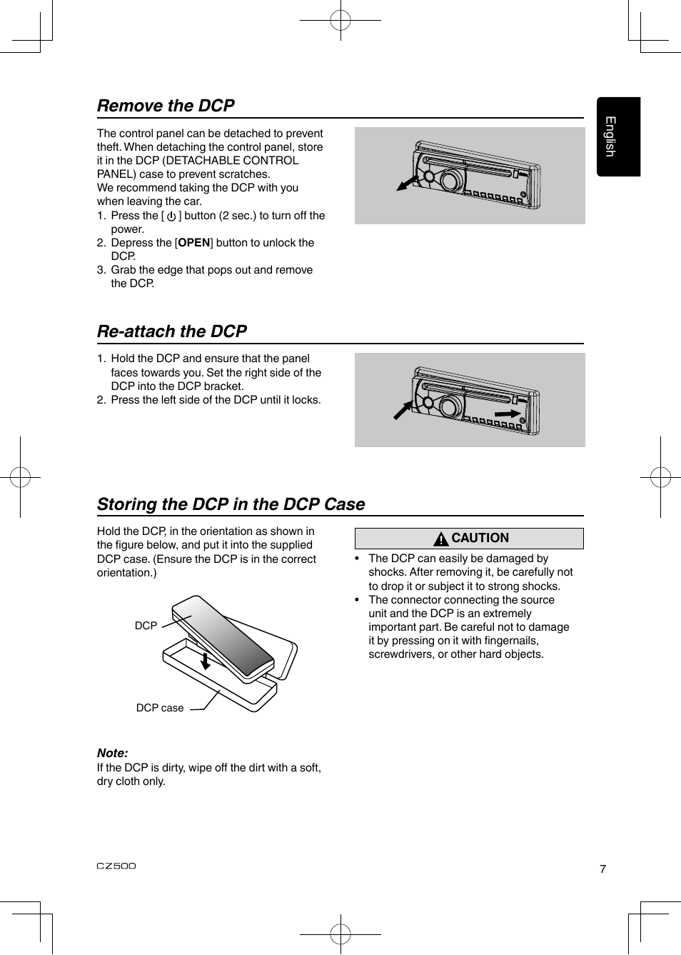 Storing the dcp in the dcp case, Remove the dcp re-attach the dcp | Clarion CZ500 User Manual | Page 7 / 31