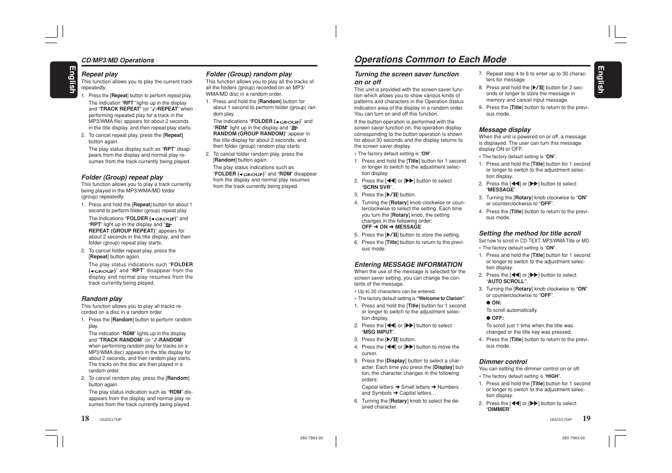 Operations common to each mode, 19 english 18, English | Clarion DMZ637MP User Manual | Page 10 / 16