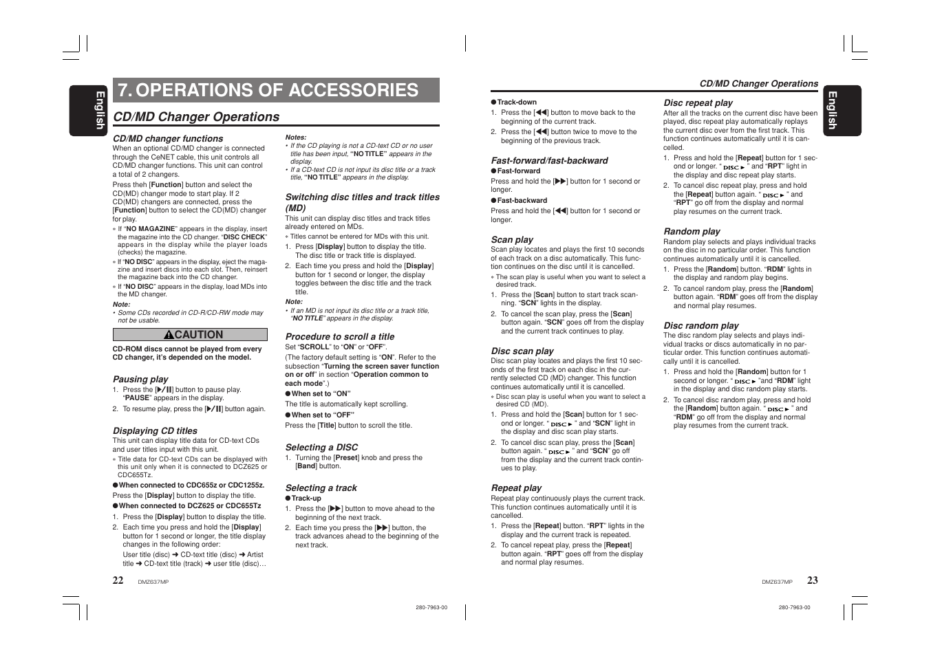 Operations of accessories, Cd/md changer operations, 23 english 22 | English, Caution | Clarion DMZ637MP User Manual | Page 12 / 16