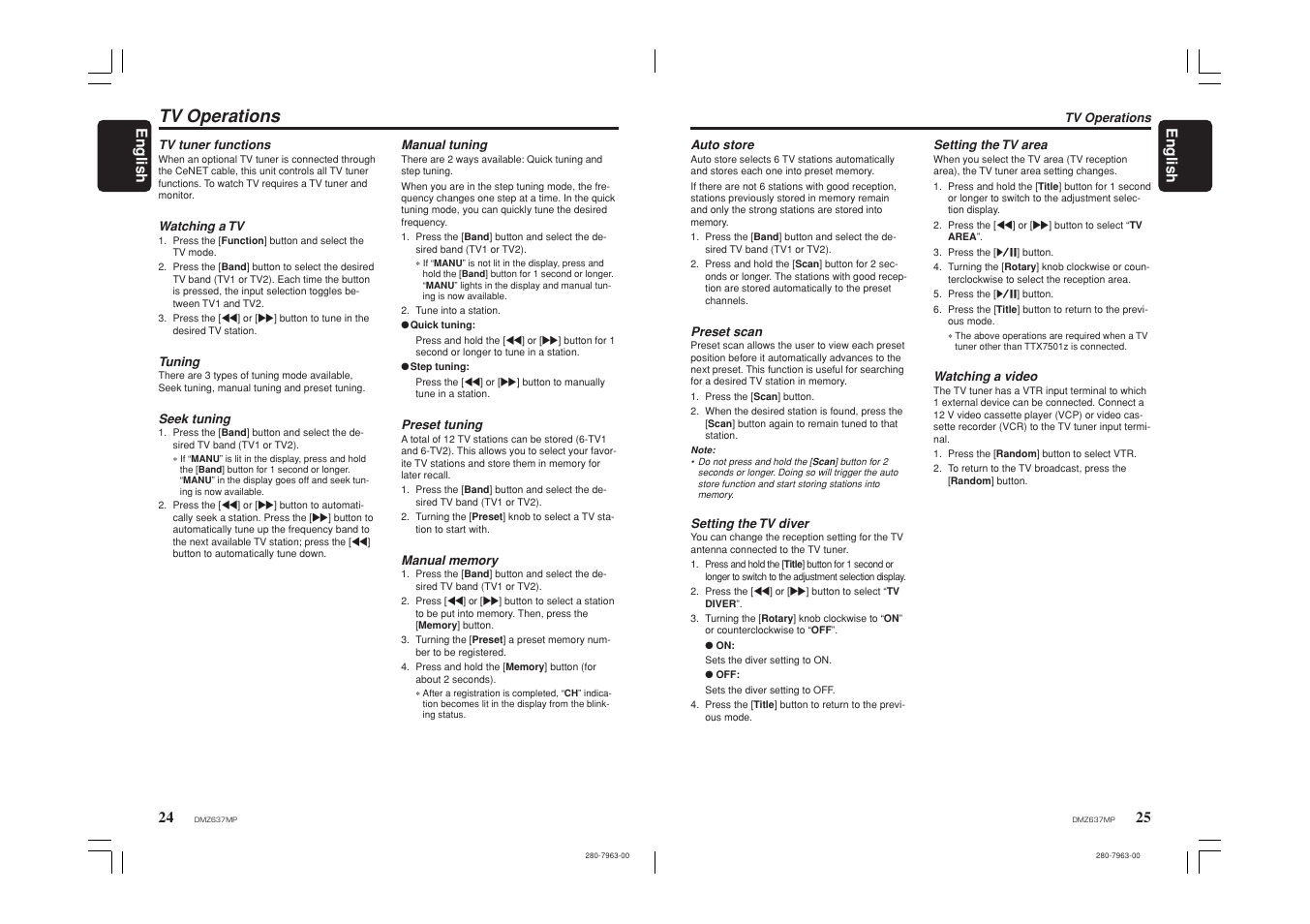 Tv operations, 25 english 24, English | Clarion DMZ637MP User Manual | Page 13 / 16
