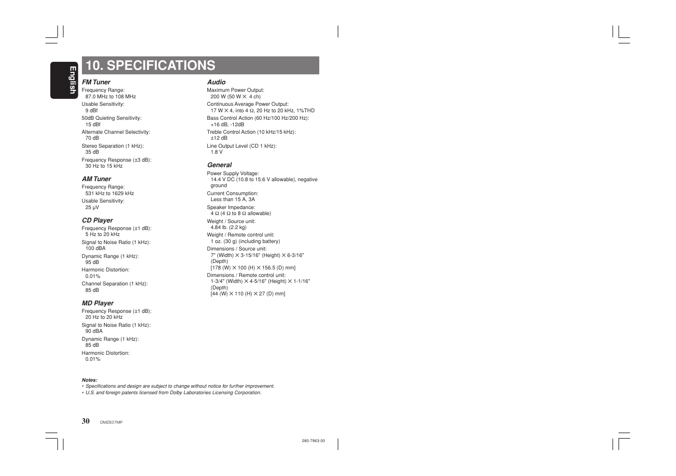 Specifications, English | Clarion DMZ637MP User Manual | Page 16 / 16