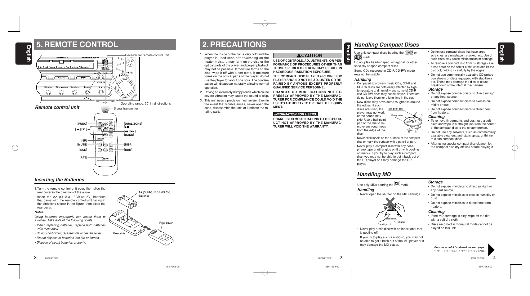 Precautions, Remote control, Handling compact discs | Handling md | Clarion DMZ637MP User Manual | Page 3 / 16