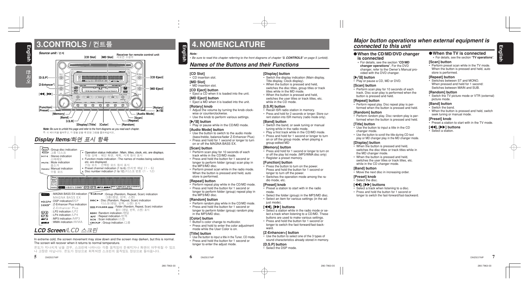 Nomenclature, Controls, Names of the buttons and their functions | Clarion DMZ637MP User Manual | Page 4 / 16