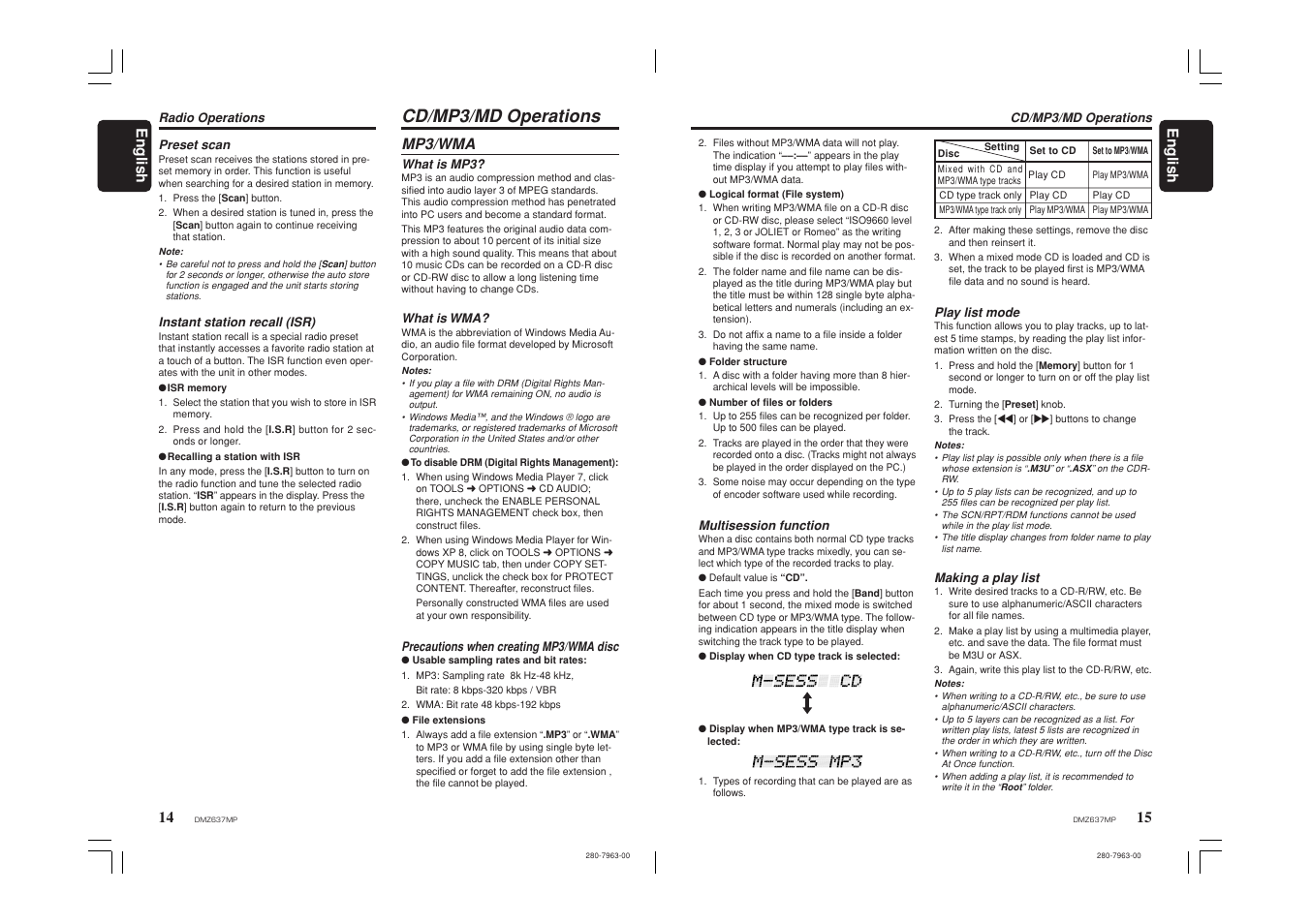 Cd/mp3/md operations, 15 english 14, English | Mp3/wma | Clarion DMZ637MP User Manual | Page 8 / 16