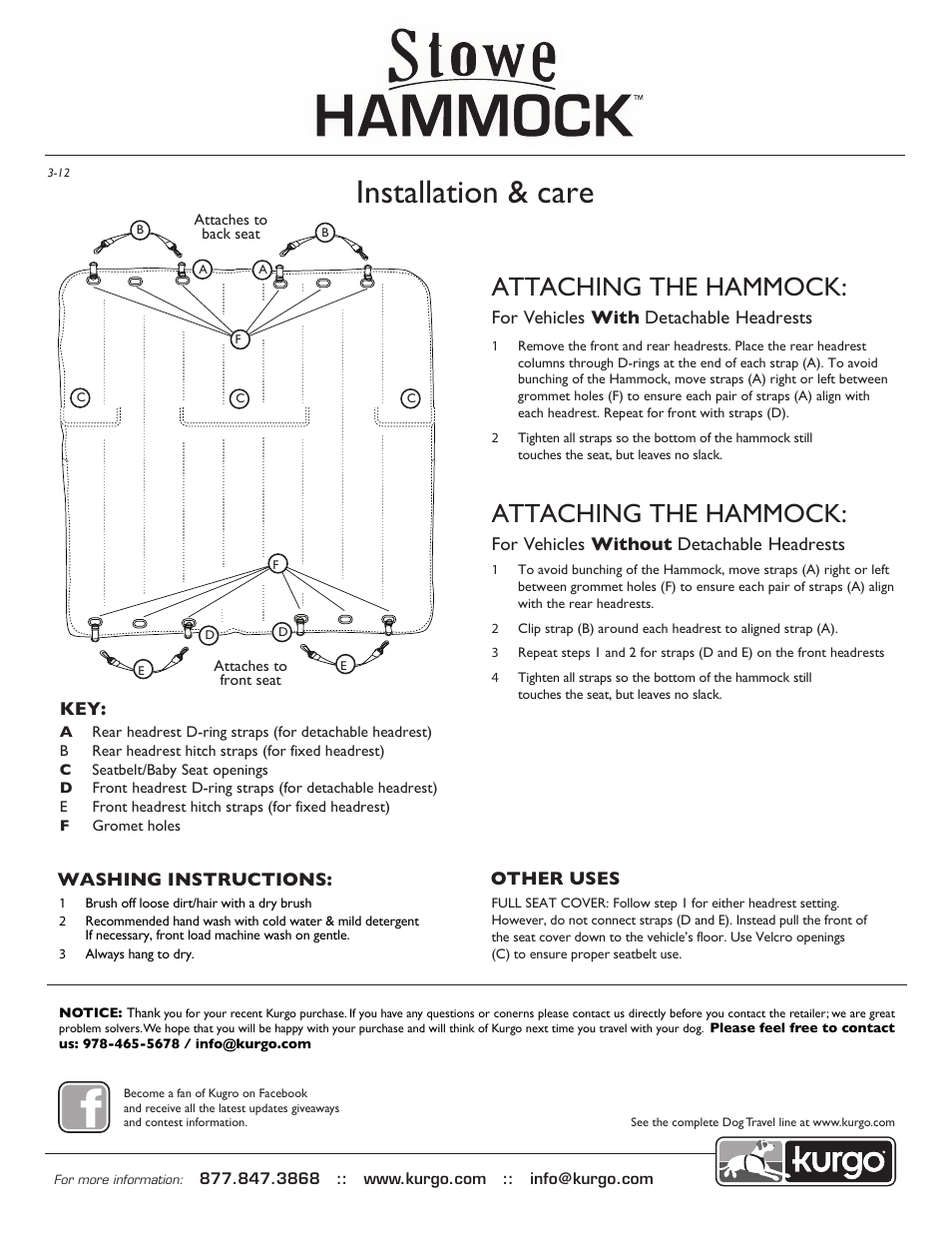 Kurgo Stowe Hammock User Manual | 1 page