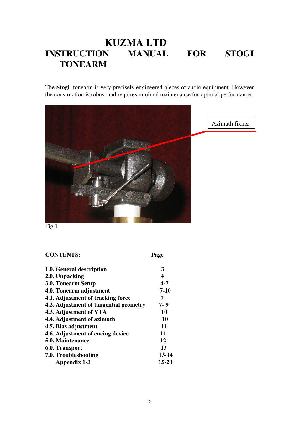 Kuzma ltd, Instruction manual for stogi tonearm | Kuzma STOGI 130419 User Manual | Page 2 / 20