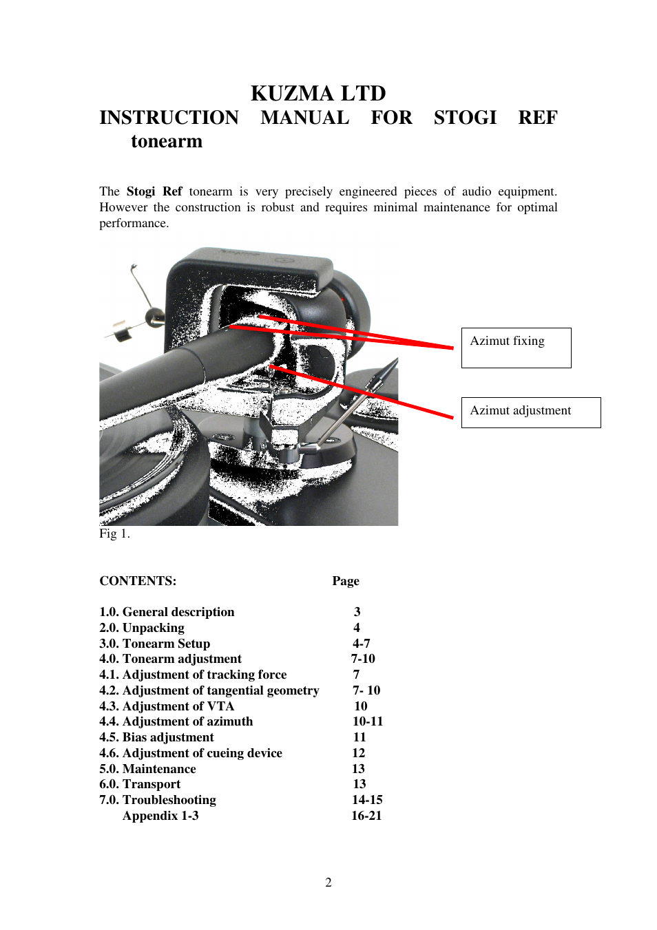 Kuzma ltd, Instruction manual for stogi ref tonearm | Kuzma STOGI REF 130419 User Manual | Page 2 / 21