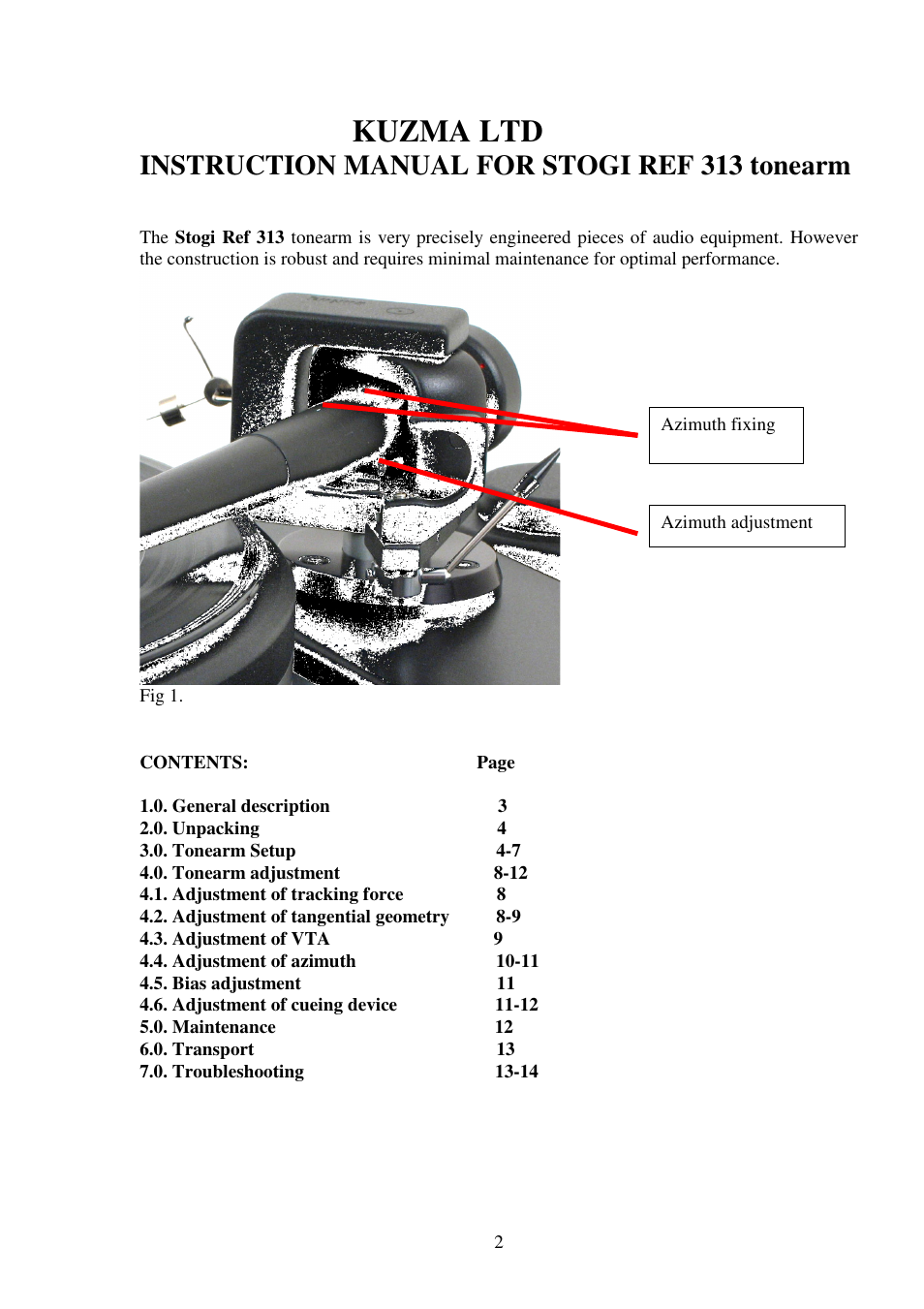 Kuzma ltd, Instruction manual for stogi ref 313 tonearm | Kuzma STOGI REF 313 110513 User Manual | Page 2 / 15