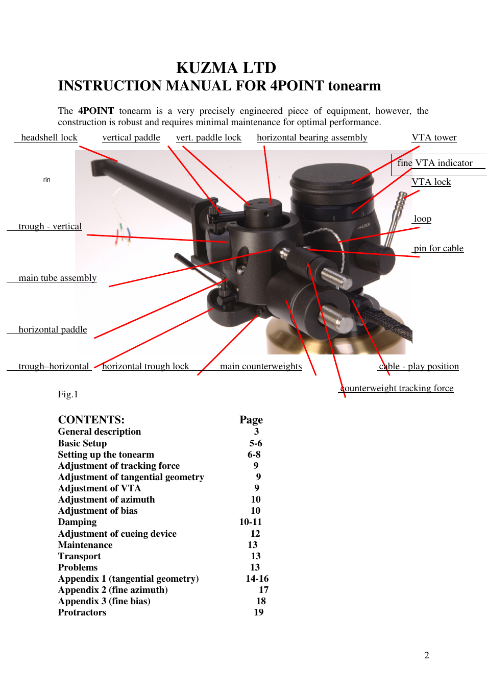Kuzma ltd, Instruction manual for 4point tonearm | Kuzma 4POINT 110630 User Manual | Page 2 / 19