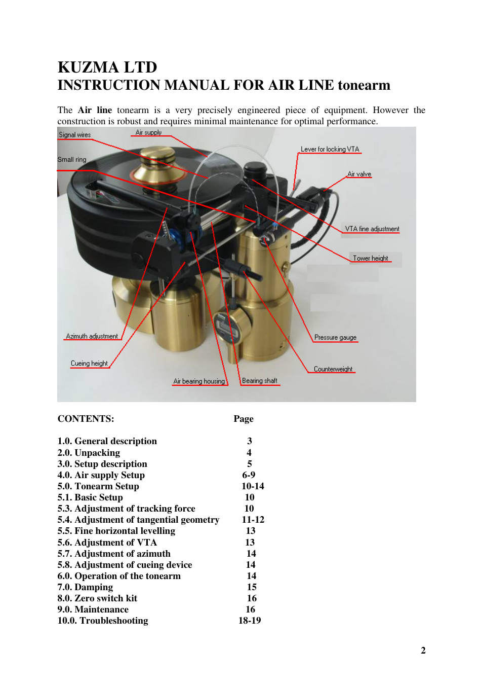 Kuzma ltd, Instruction manual for air line tonearm | Kuzma AIR LINE 130401 User Manual | Page 2 / 19
