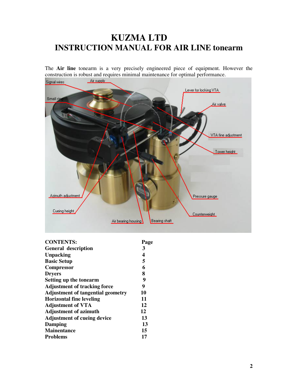 Kuzma ltd, Instruction manual for air line tonearm | Kuzma AIR LINE 2007-6 User Manual | Page 2 / 17
