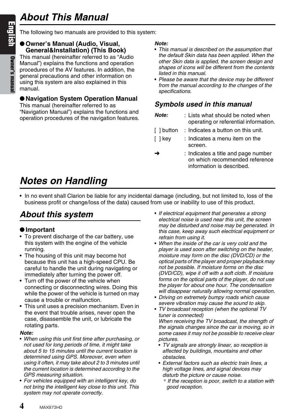 About this manual, English, About this system | Clarion MAX973HD User Manual | Page 100 / 187