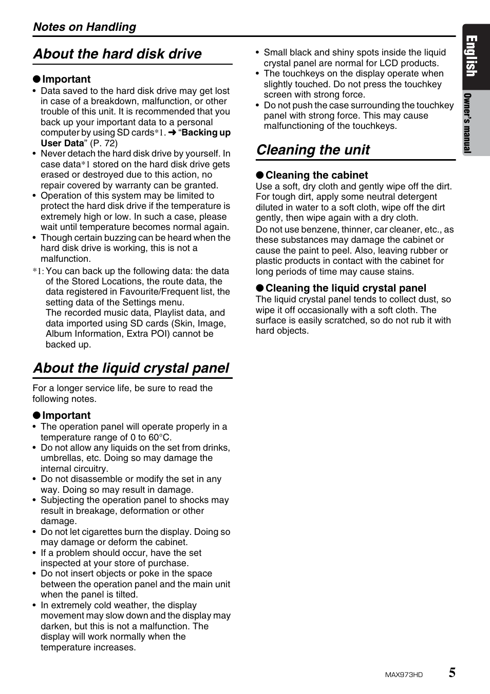 English, About the hard disk drive, About the liquid crystal panel | Cleaning the unit | Clarion MAX973HD User Manual | Page 101 / 187