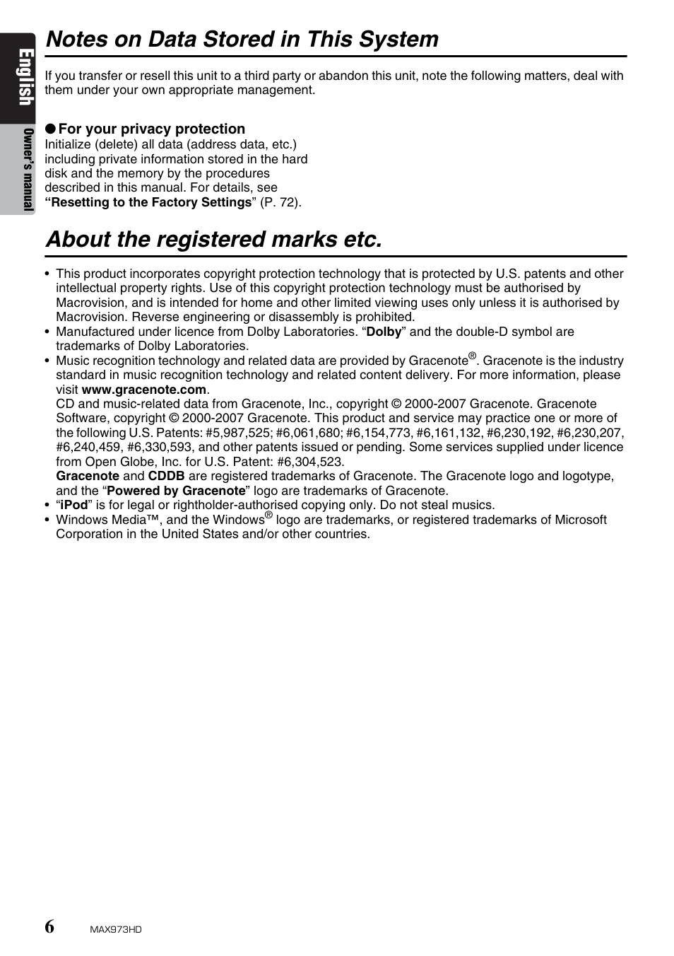 About the registered marks etc, English | Clarion MAX973HD User Manual | Page 102 / 187