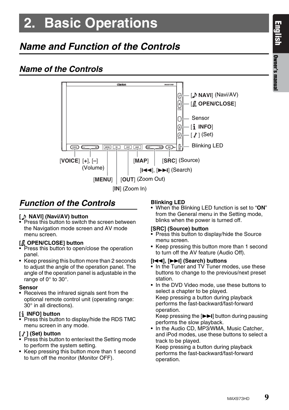 Basic operations, Name and function of the controls, English | Name of the controls function of the controls | Clarion MAX973HD User Manual | Page 105 / 187
